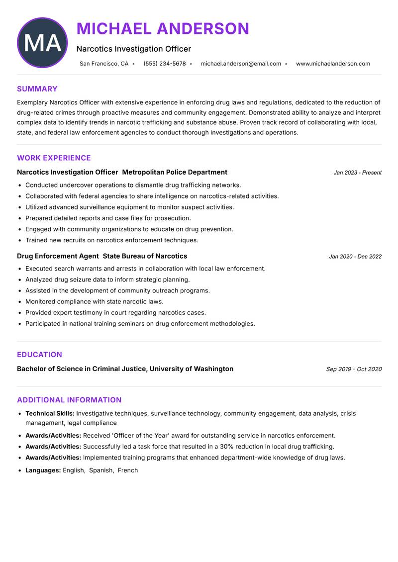 Narcotics Officer Resume Preview Example