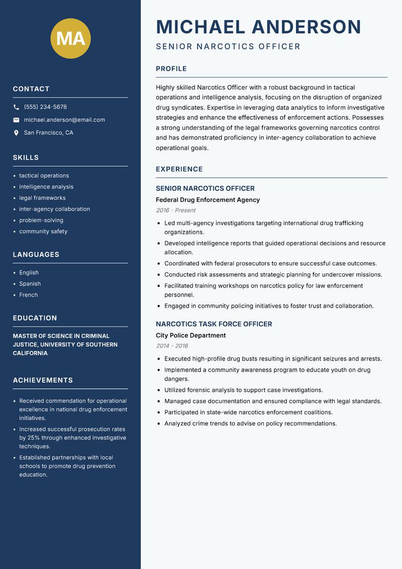 Narcotics Officer Resume Preview Example