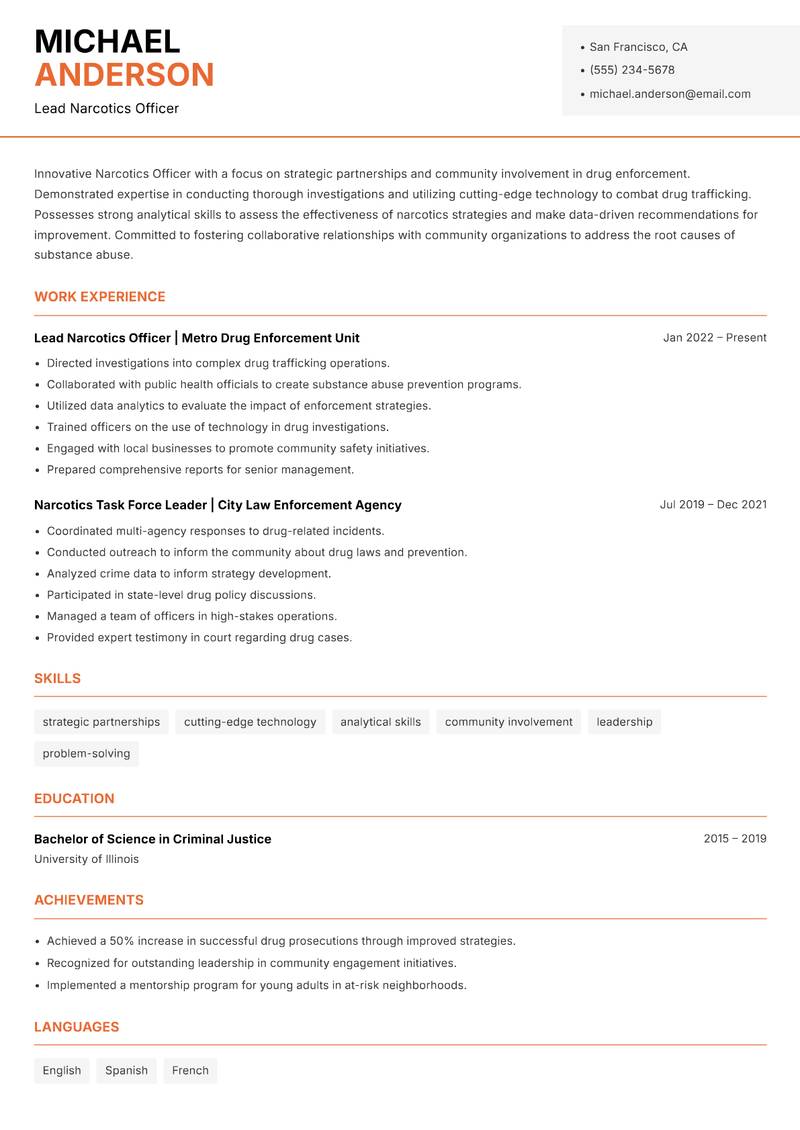 Narcotics Officer Resume Template