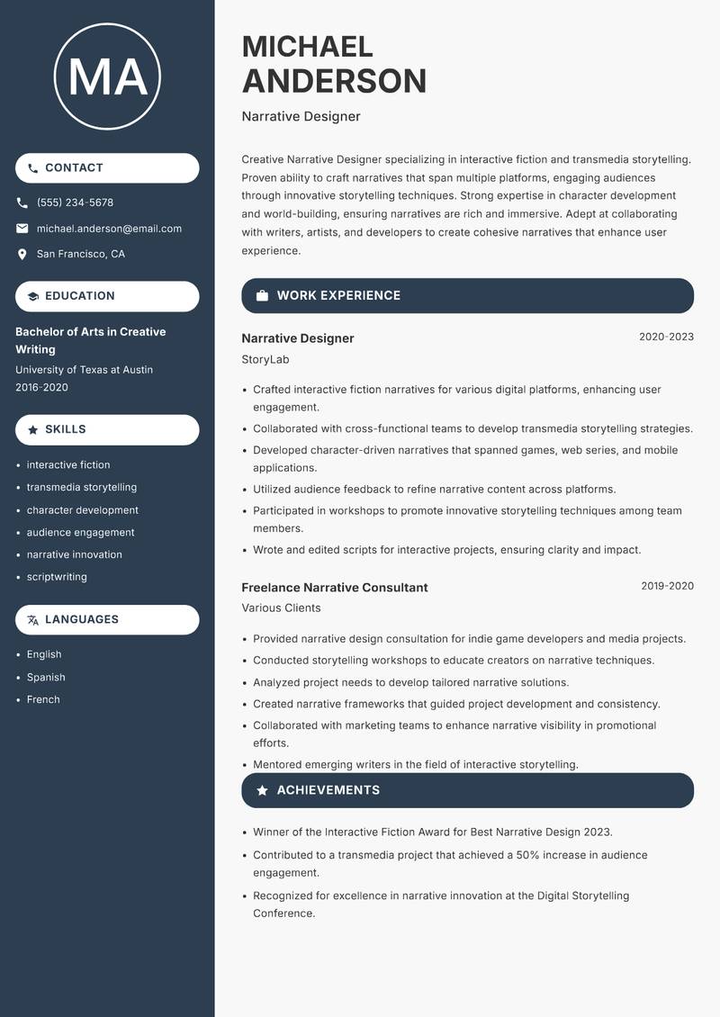 Narrative Designer Resume Preview Example