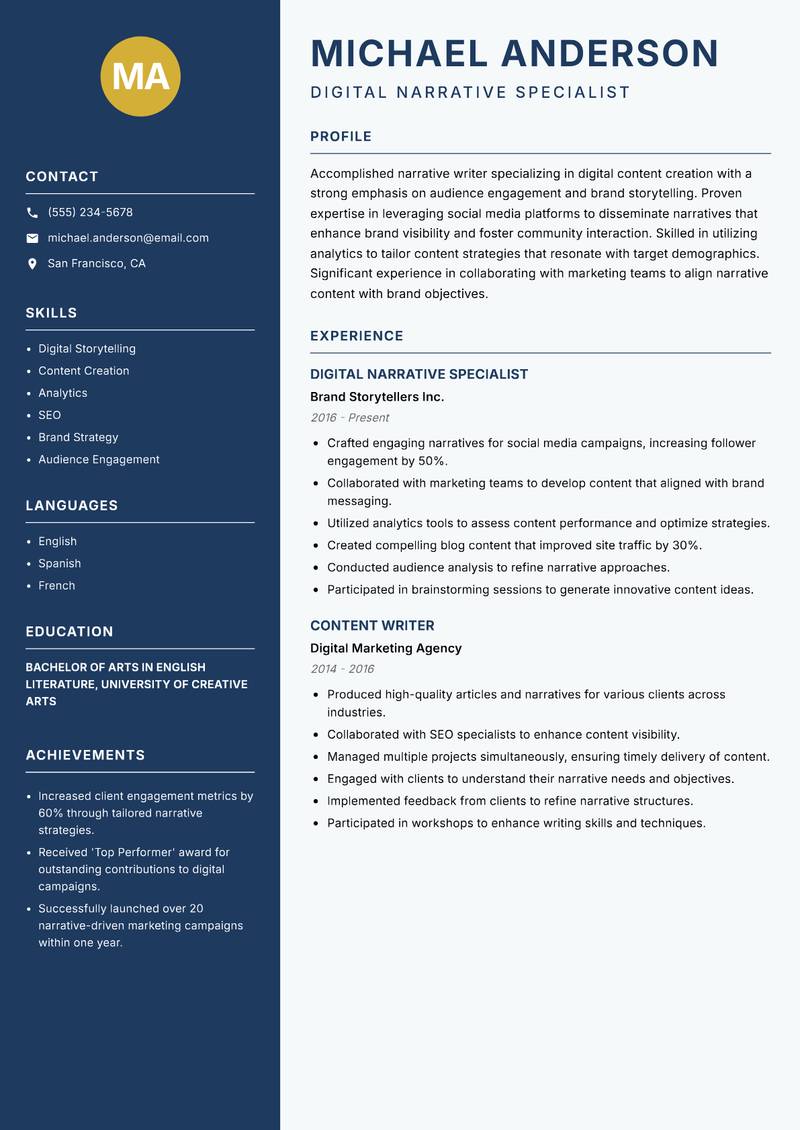Narrative Writer Resume Preview Example