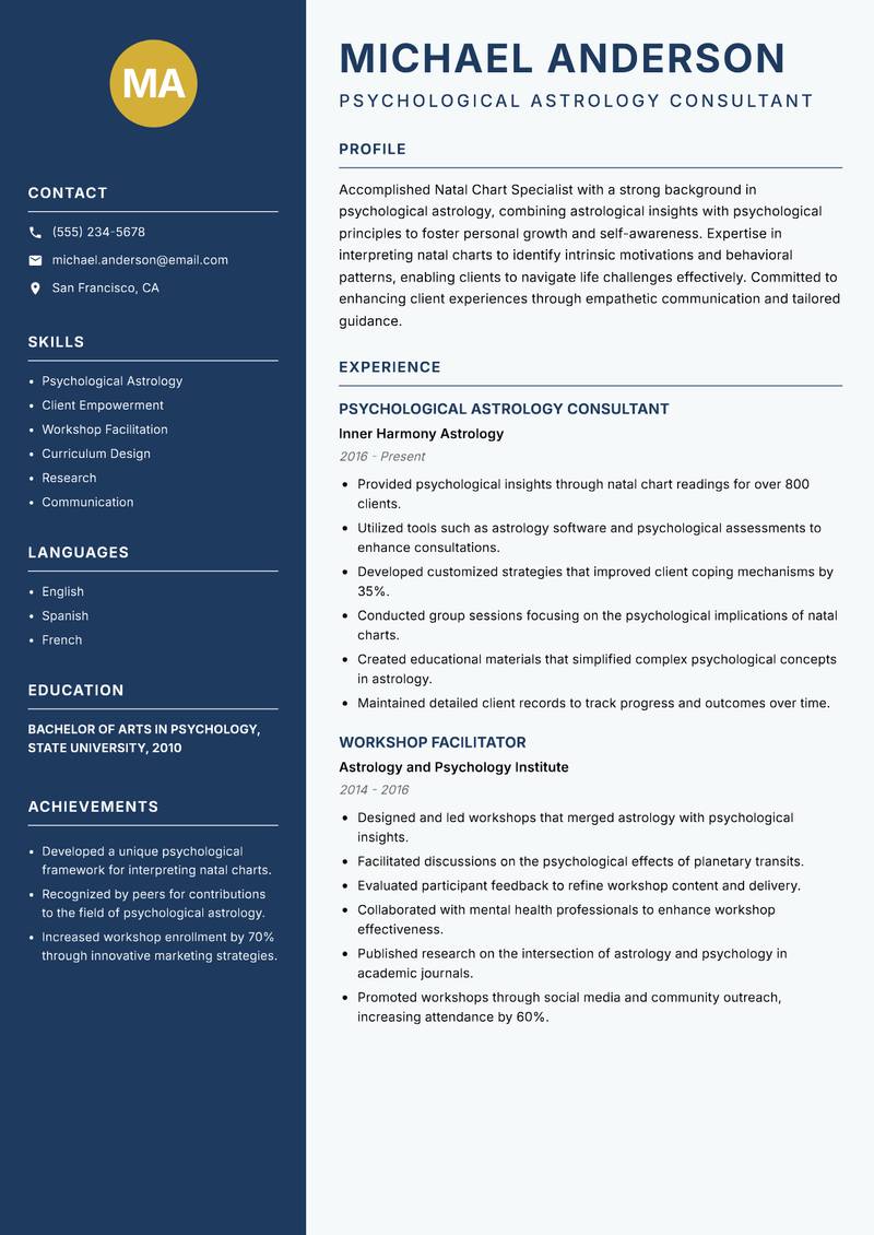 Natal Chart Specialist Resume Preview Example