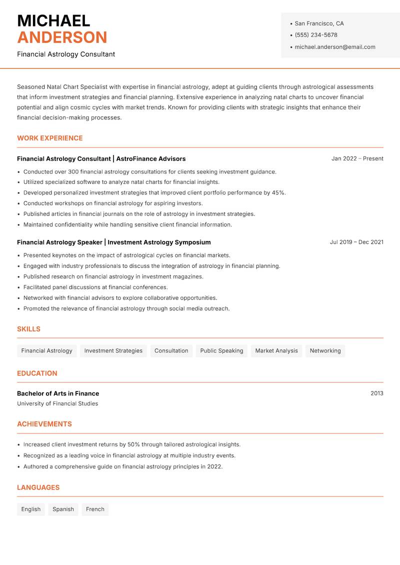 Natal Chart Specialist Resume Template