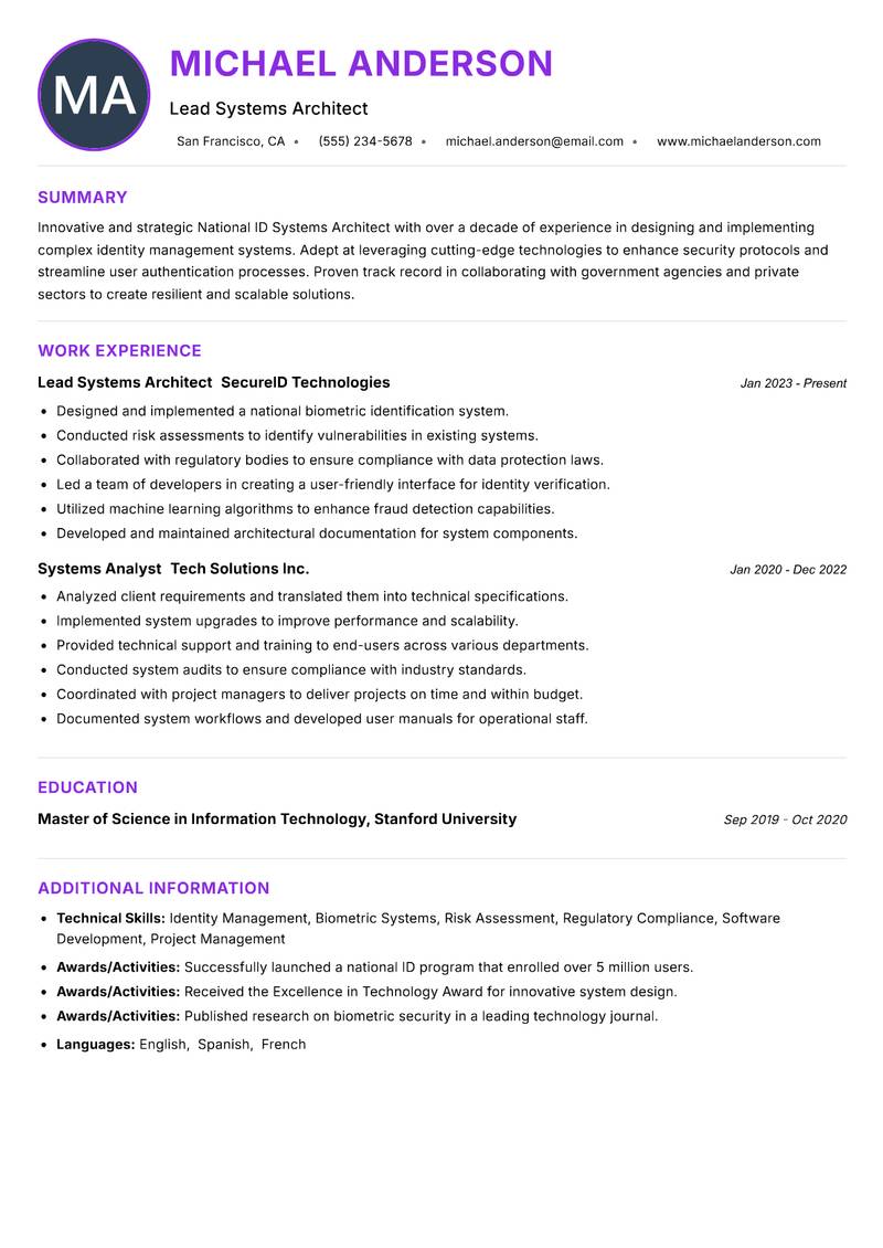 National ID Systems Architect Resume Preview Example