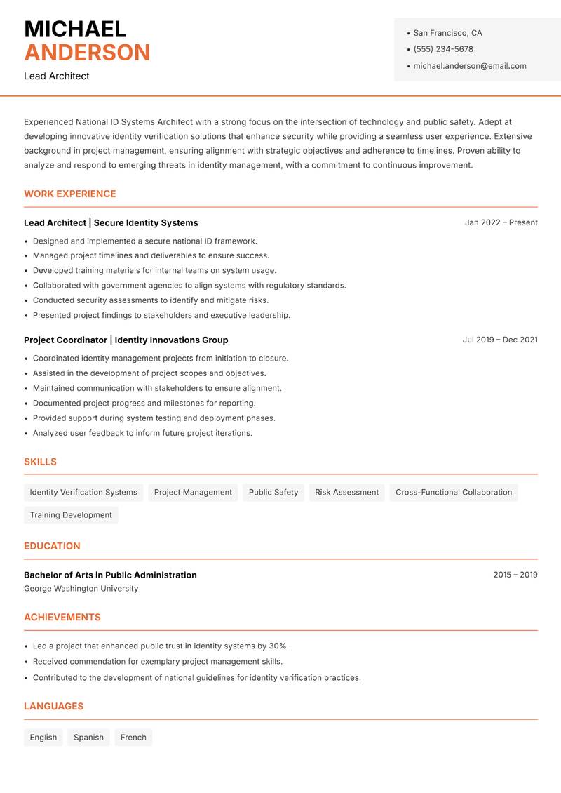 National ID Systems Architect Resume Template