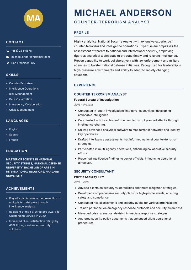 National Security Analyst Resume Preview Example