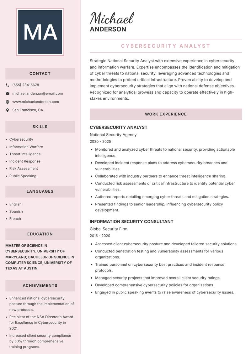 National Security Analyst Resume Preview Example