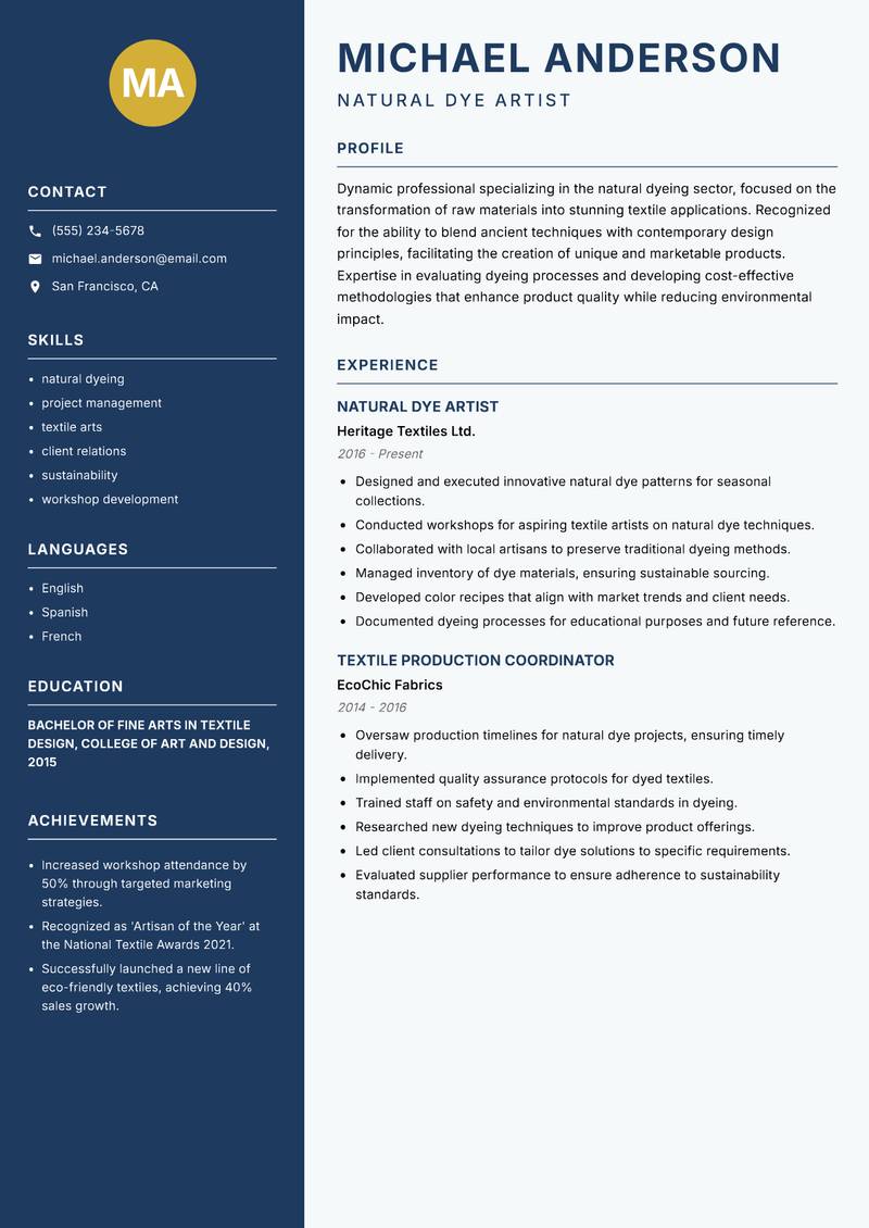 Natural Dyeing Specialist Resume Preview Example