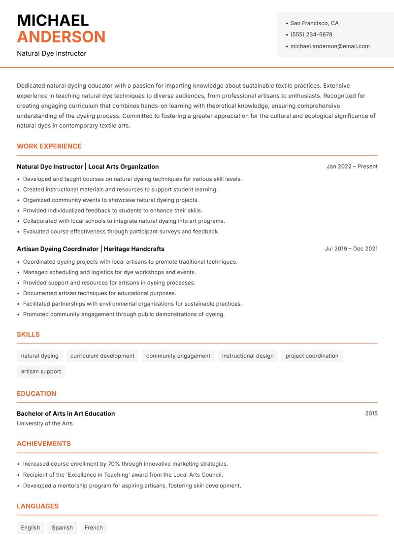 Natural Dyeing Specialist Resume Template