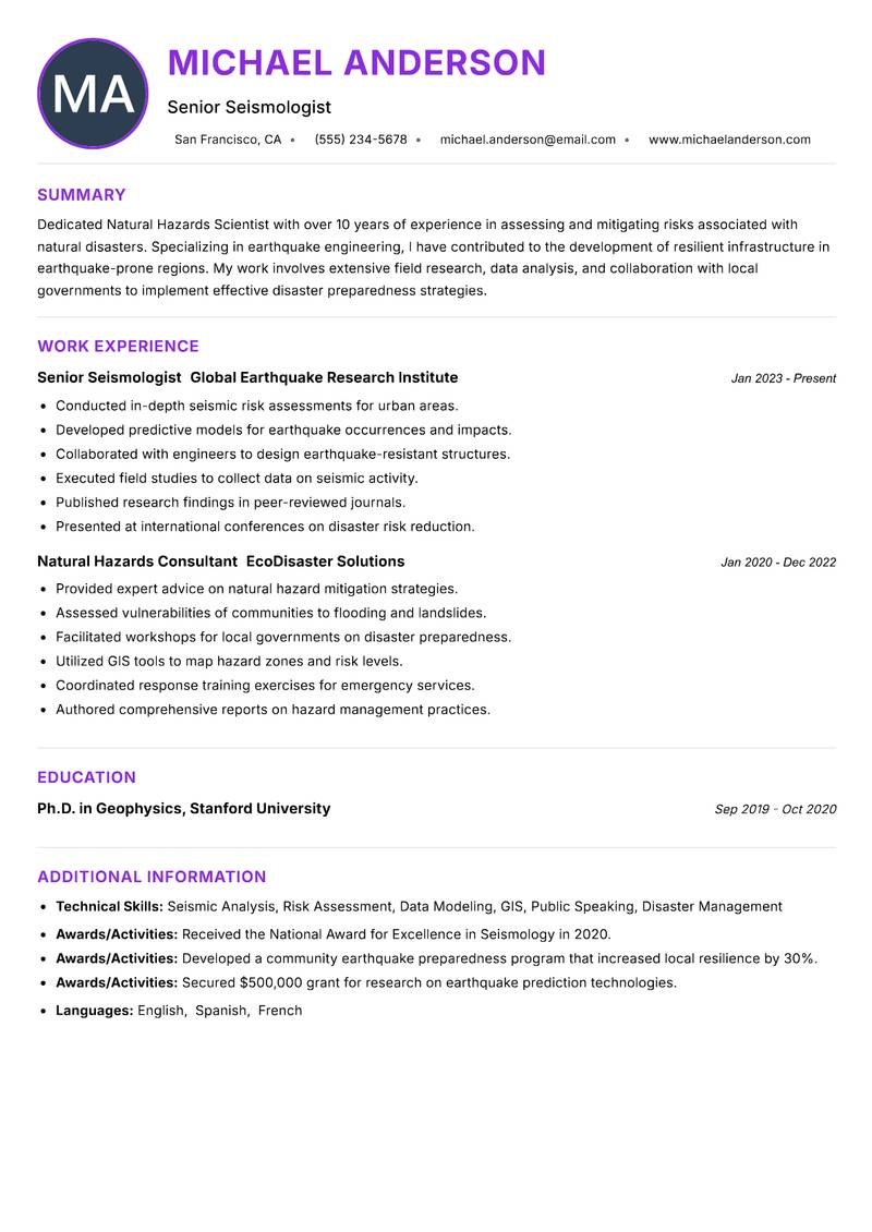 Natural Hazards Scientist Resume Preview Example