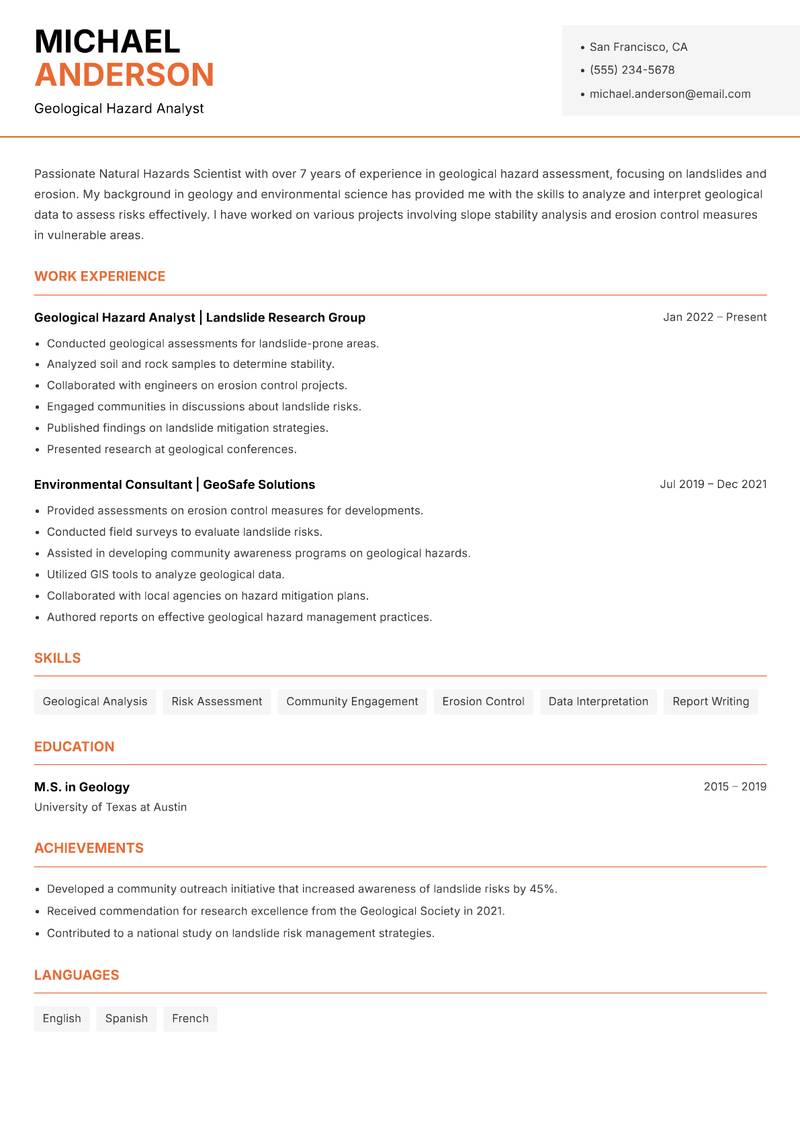 Natural Hazards Scientist Resume Template