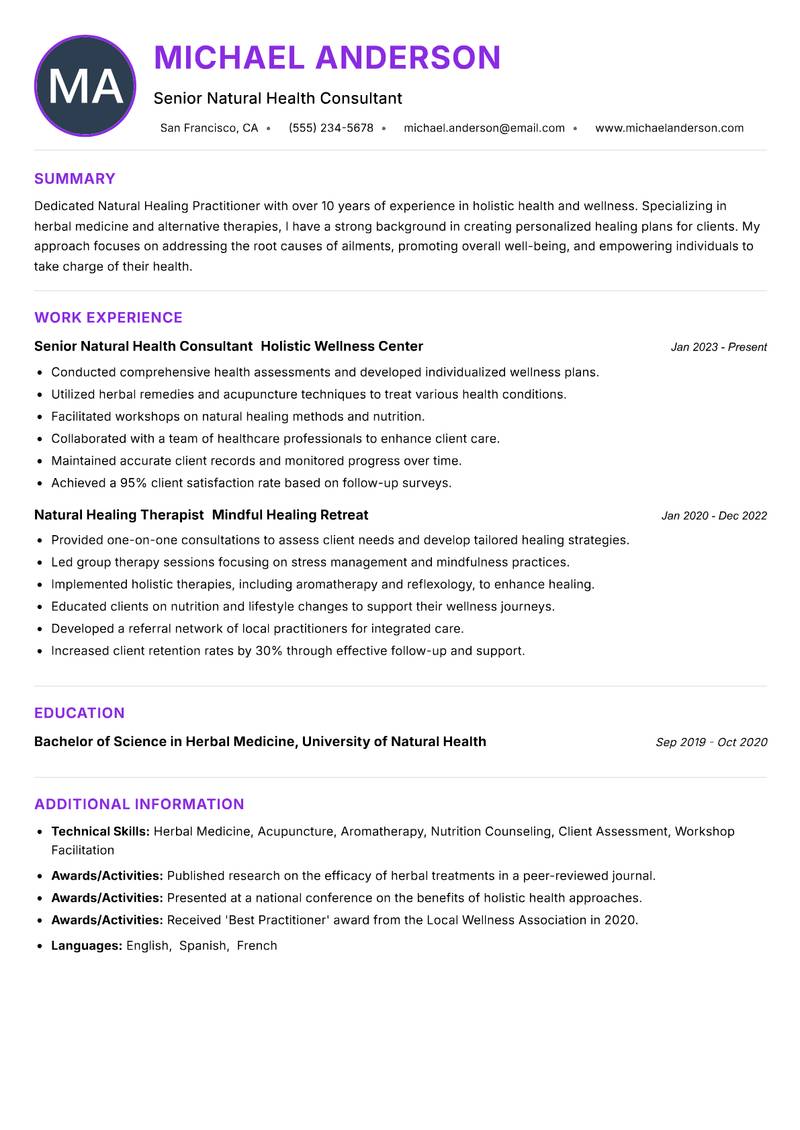 Natural Healing Practitioner Resume Preview Example