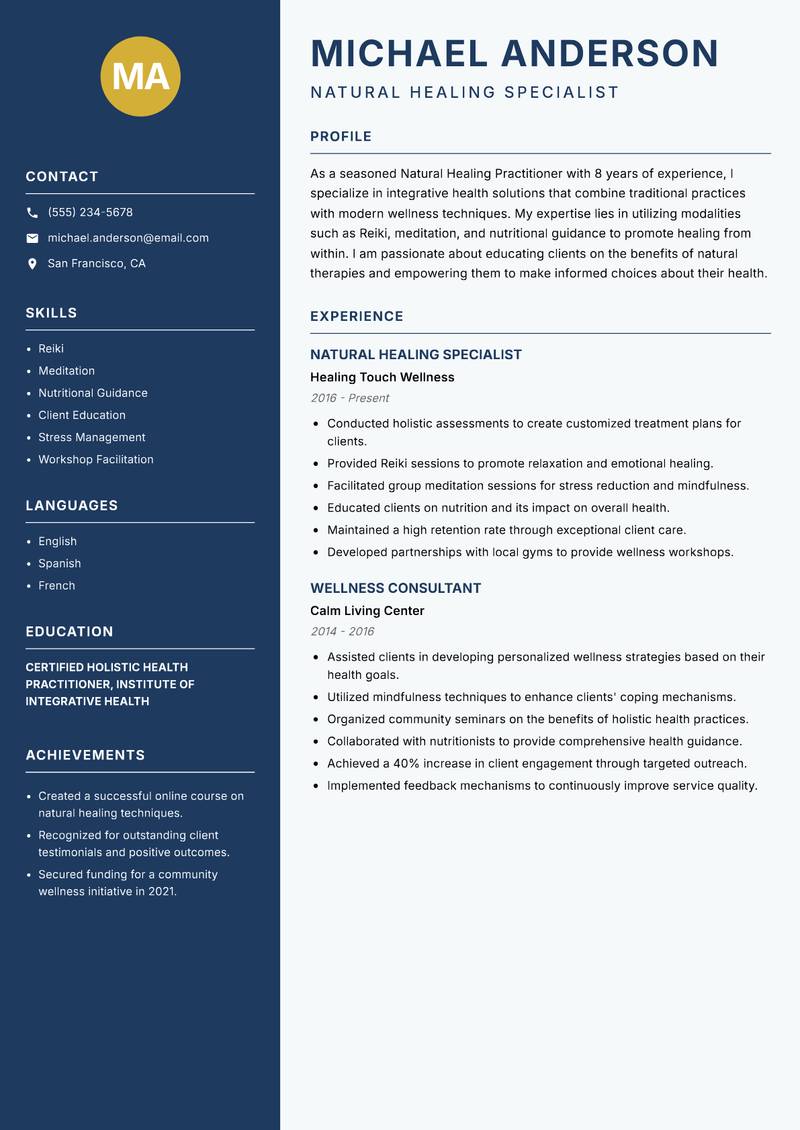 Natural Healing Practitioner Resume Preview Example