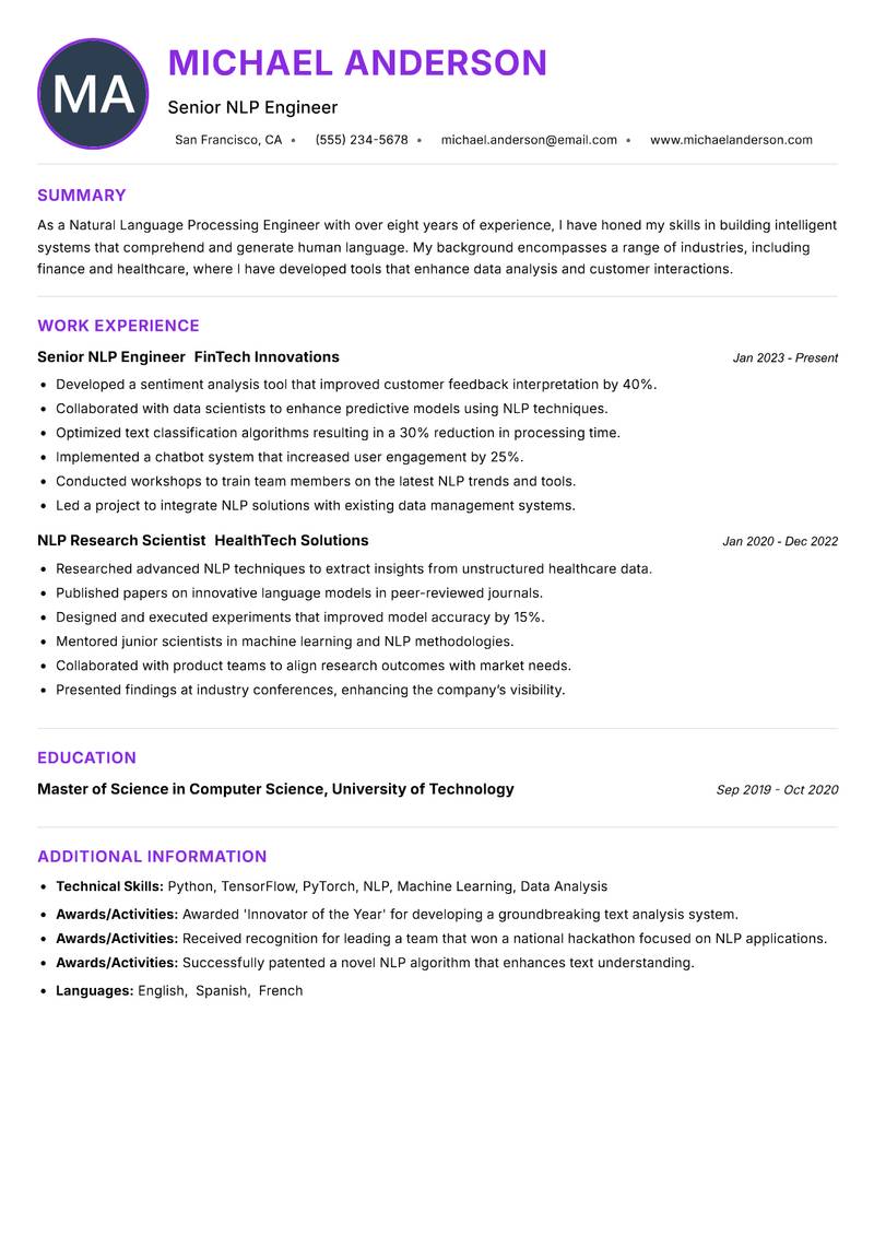 Natural Language Processing Engineer Resume Preview Example