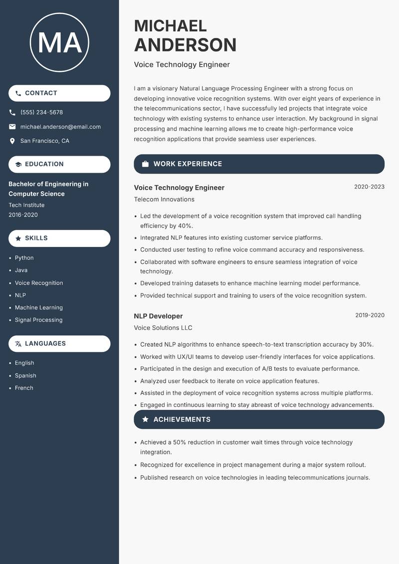 Natural Language Processing Engineer Resume Preview Example