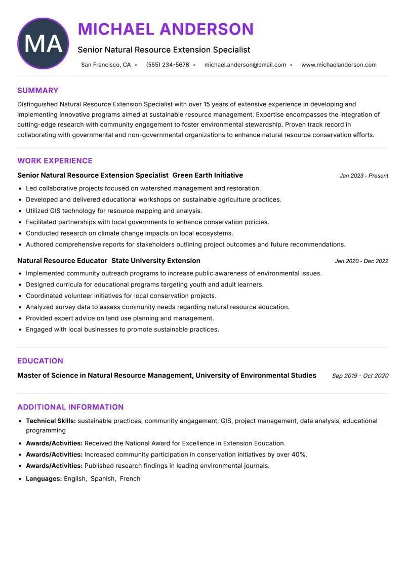 Natural Resource Extension Specialist Resume Preview Example