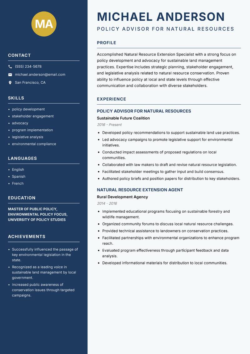 Natural Resource Extension Specialist Resume Preview Example