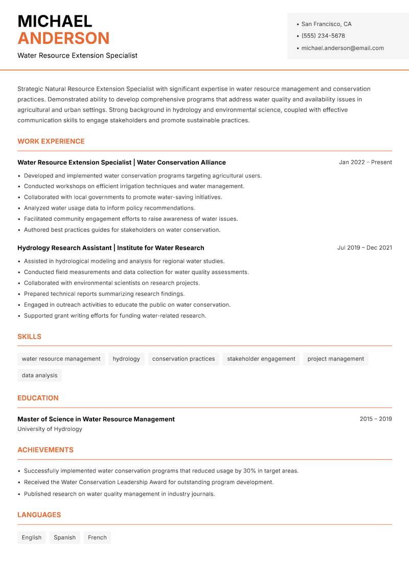 Natural Resource Extension Specialist Resume Template