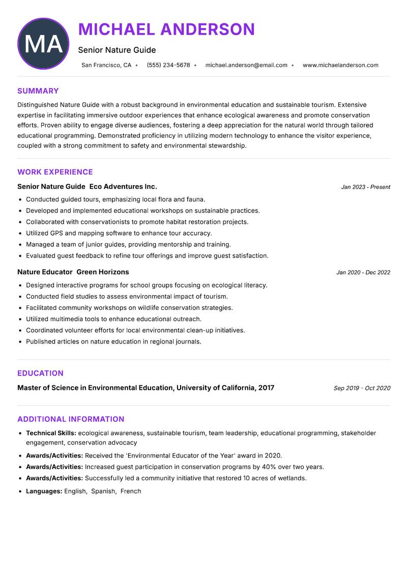 Nature Guide Resume Preview Example
