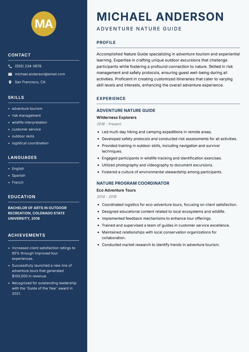 Nature Guide Resume Preview Example
