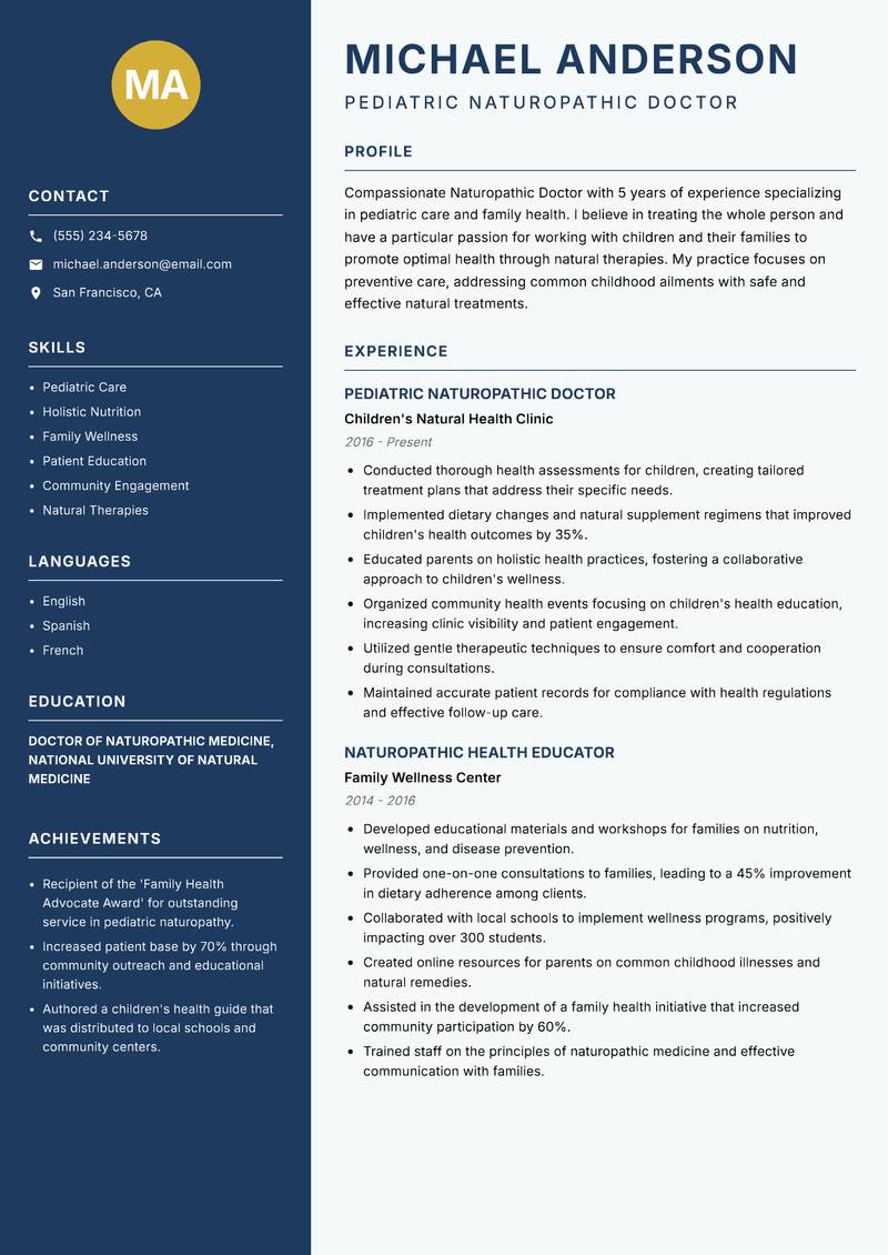 Naturopathic Doctor Resume Preview Example