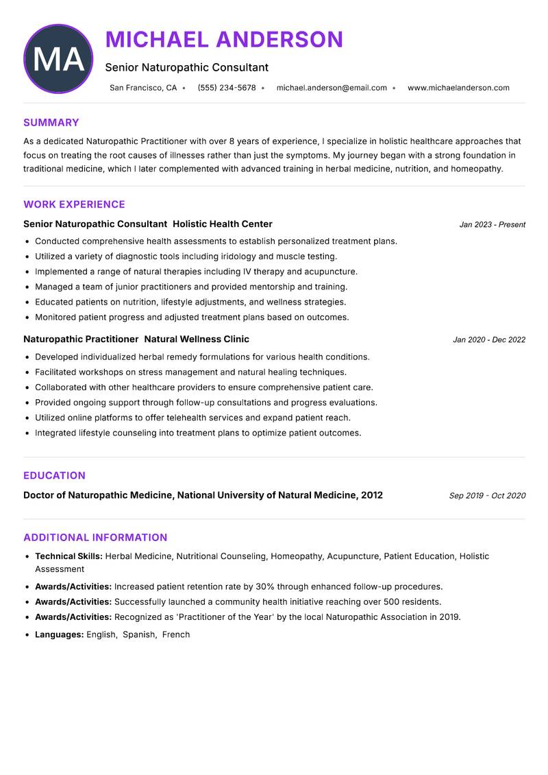 Naturopathic Practitioner Resume Preview Example
