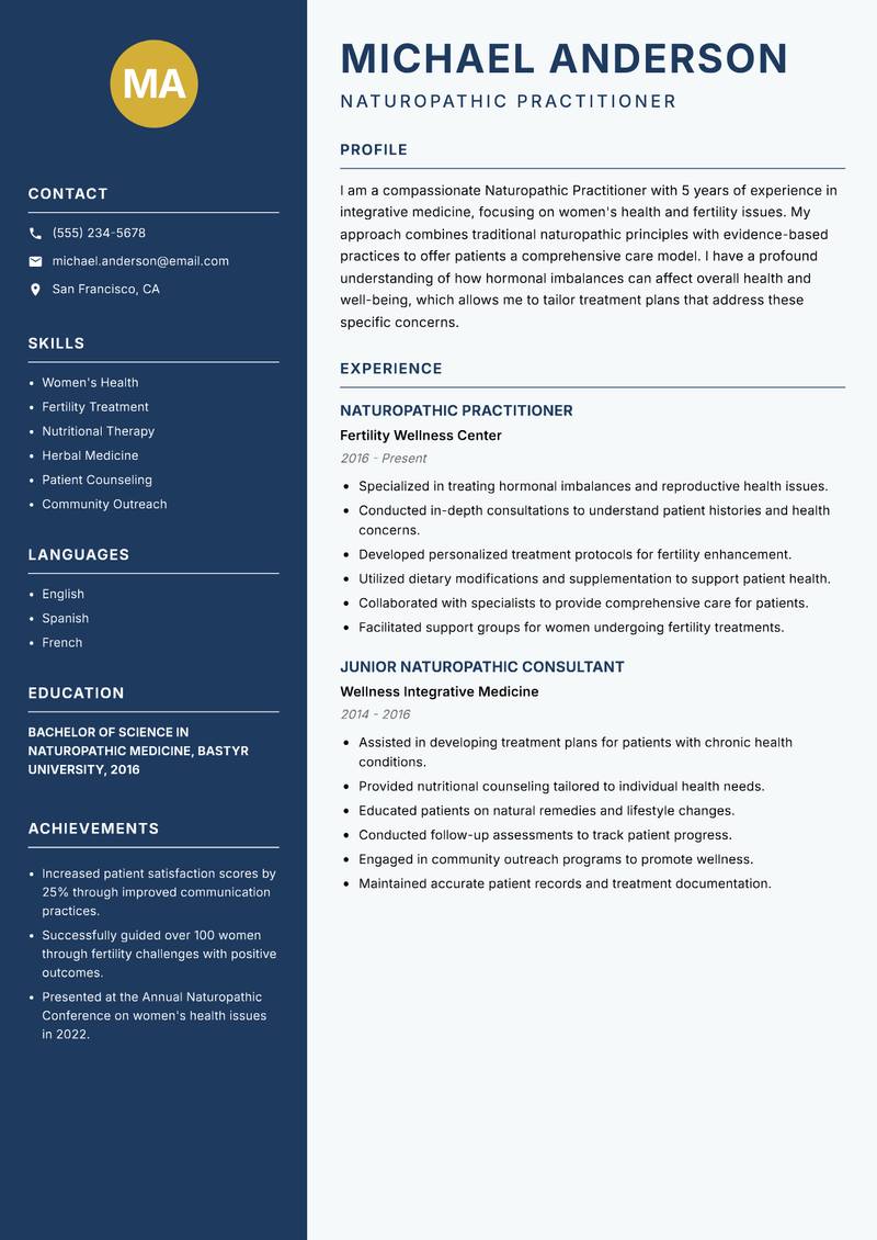 Naturopathic Practitioner Resume Preview Example