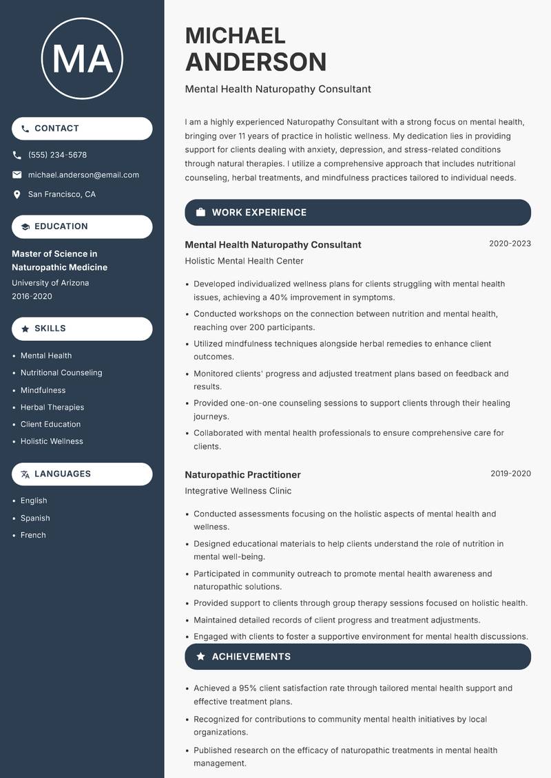 Naturopathy Consultant Resume Preview Example