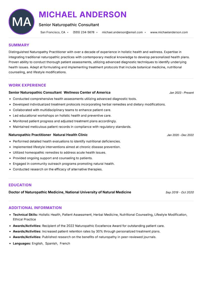 Naturopathy Practitioner Resume Preview Example