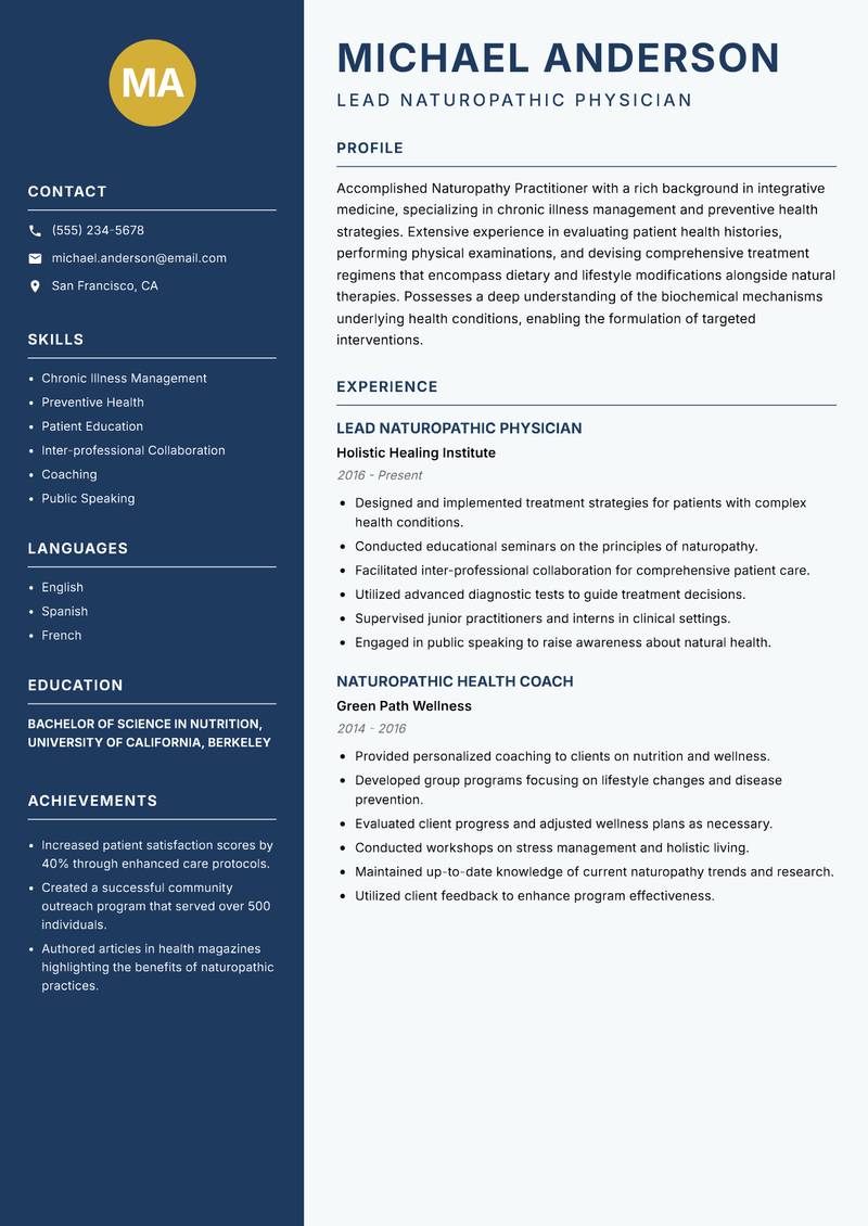 Naturopathy Practitioner Resume Preview Example