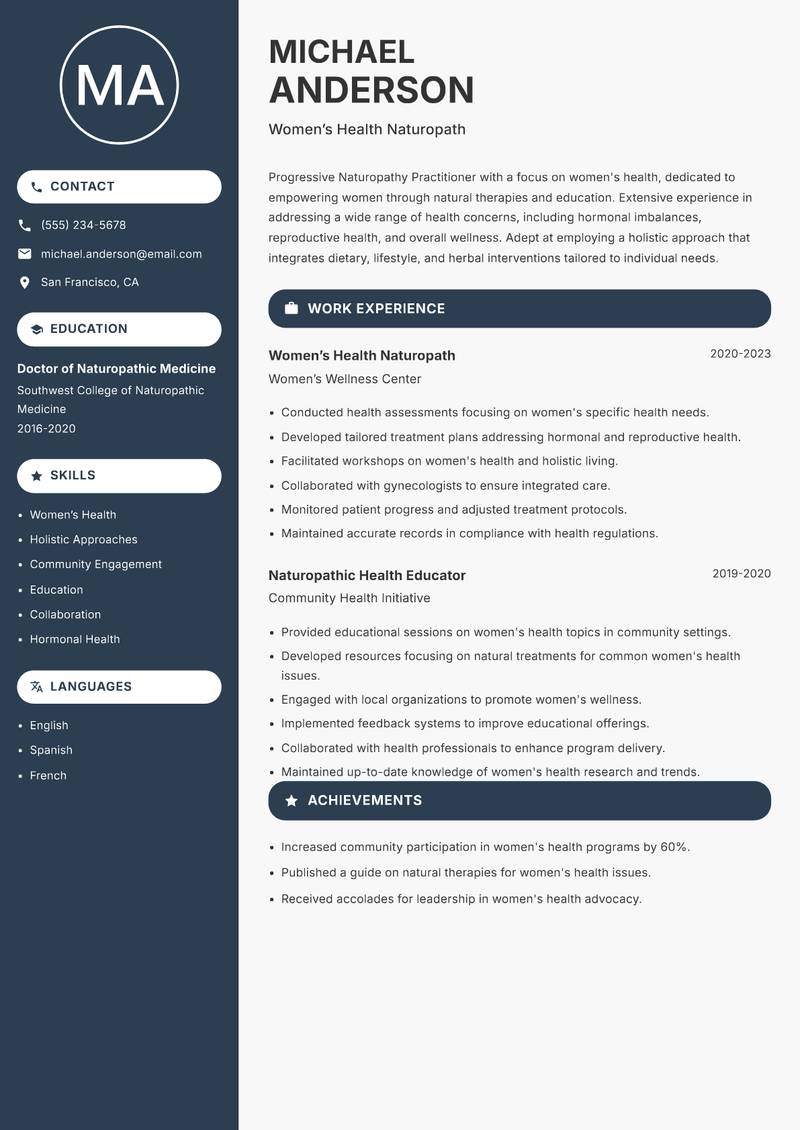 Naturopathy Practitioner Resume Preview Example