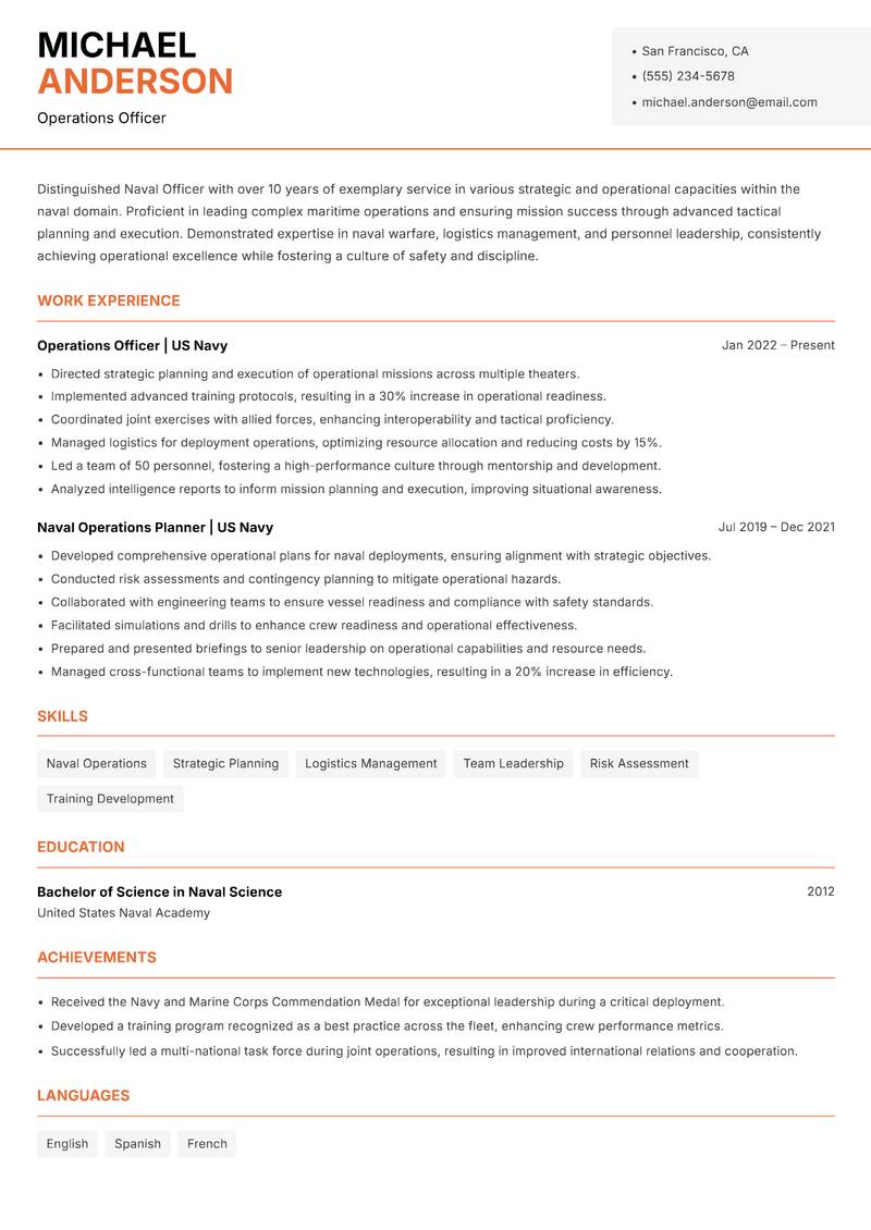 Naval Officer Resume Template