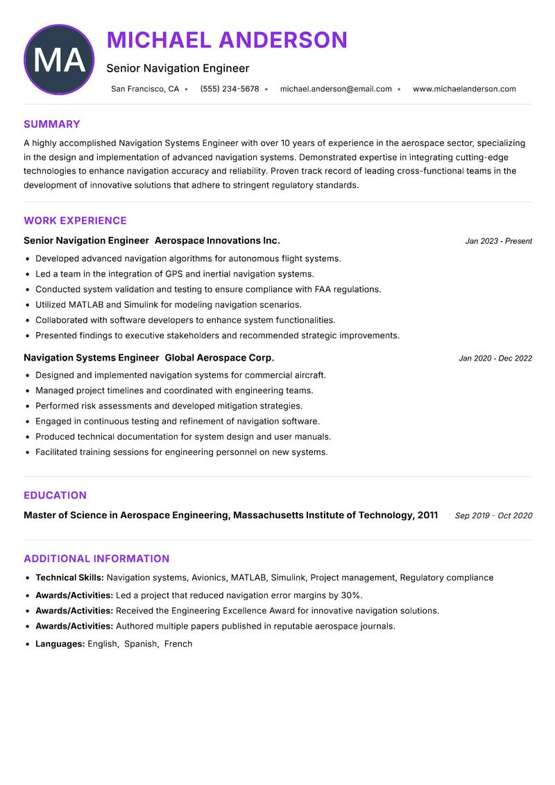 Navigation Systems Engineer Resume Preview Example