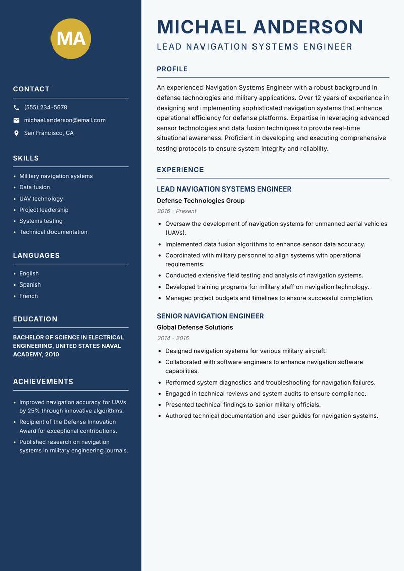 Navigation Systems Engineer Resume Preview Example