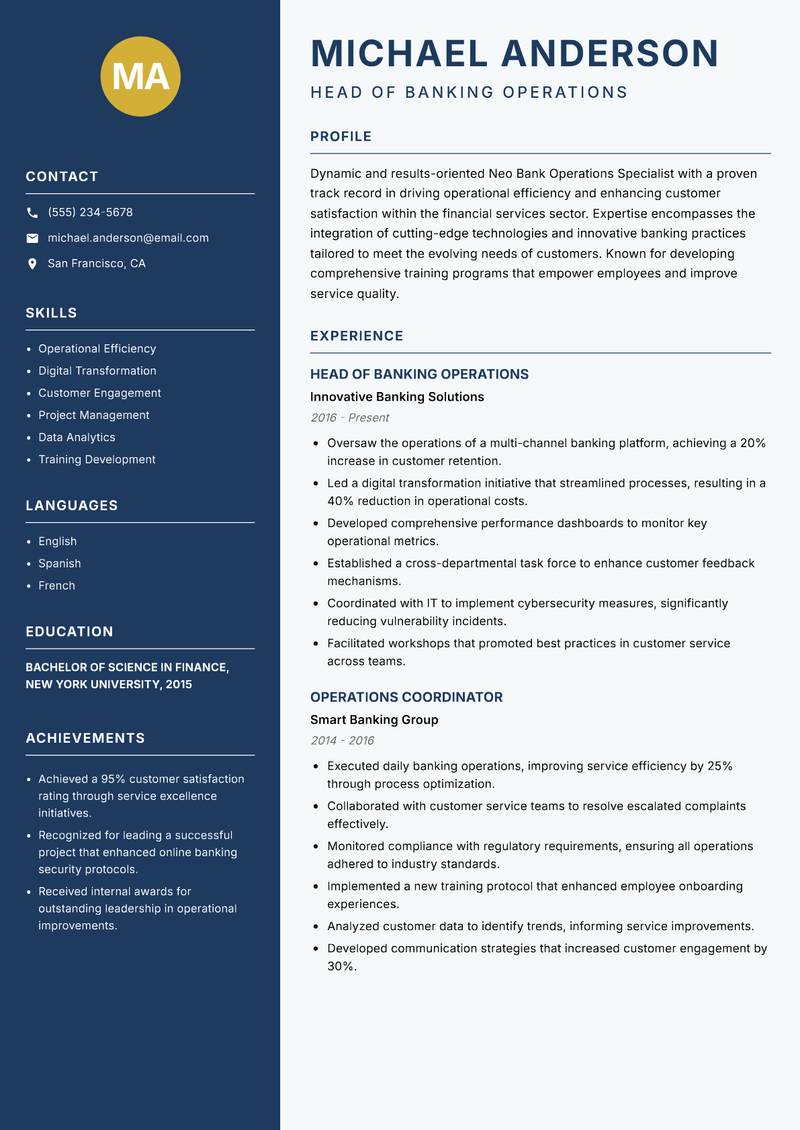 Neo Bank Operations Specialist Resume Preview Example