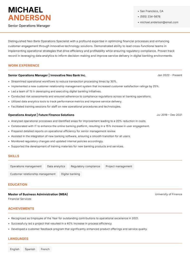 Neo Bank Operations Specialist Resume Template