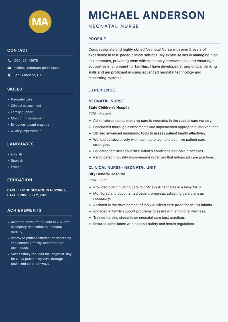 Neonatal Nurse Resume Preview Example