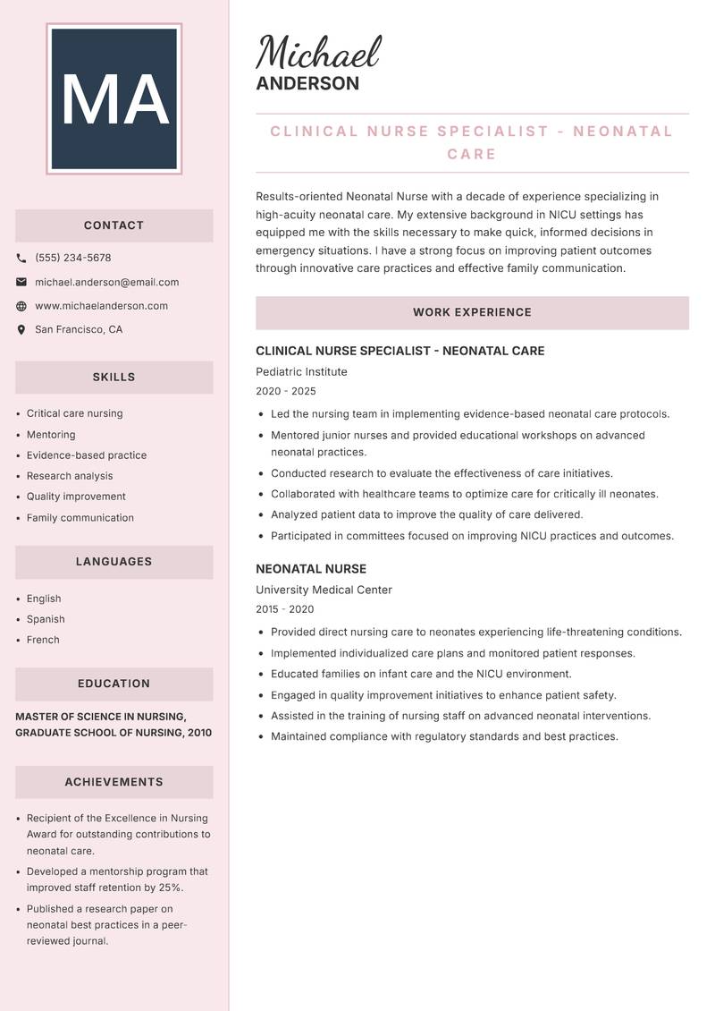 Neonatal Nurse Resume Preview Example