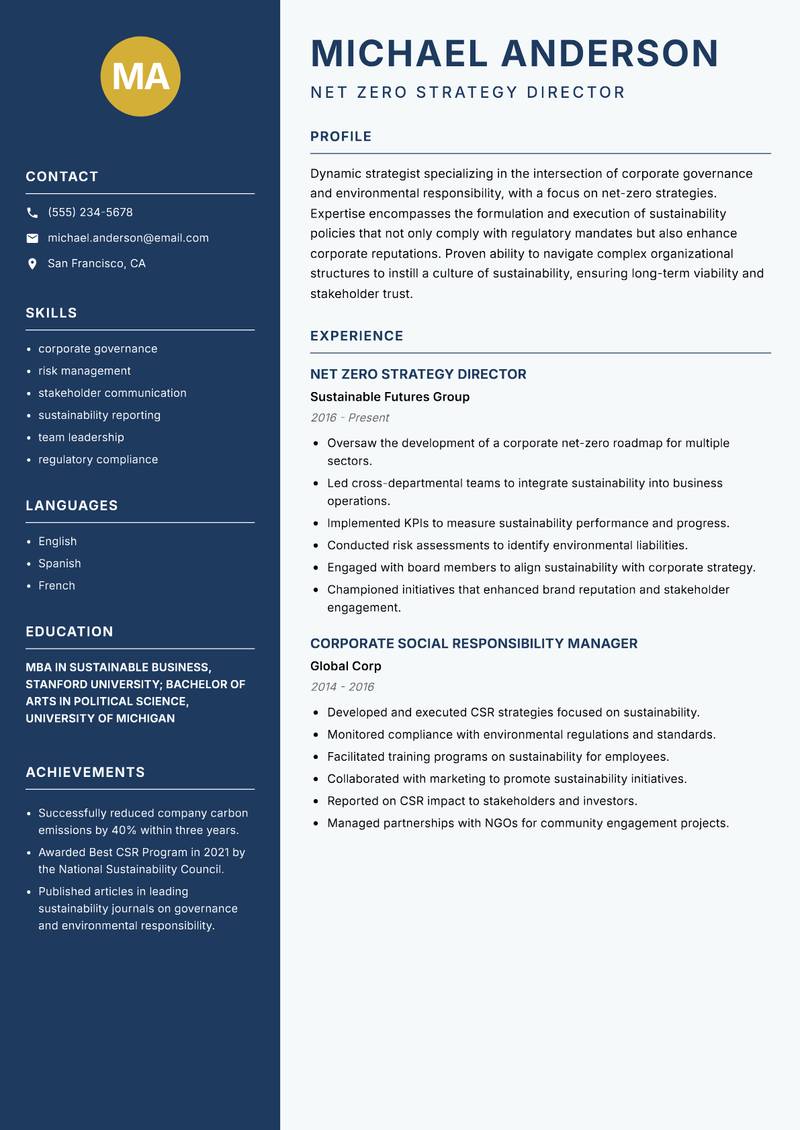Net Zero Strategy Manager Resume Preview Example