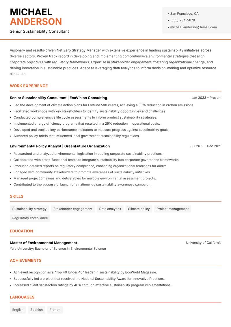 Net Zero Strategy Manager Resume Template