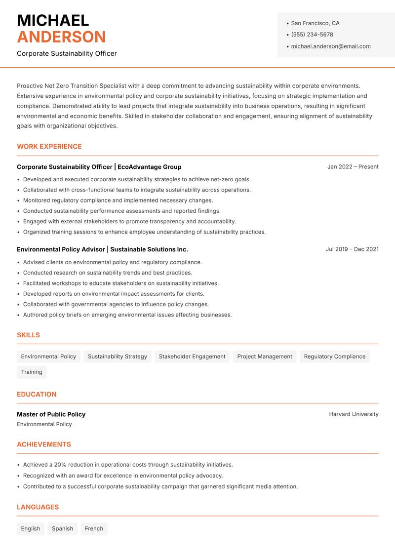 Net Zero Transition Specialist Resume Template