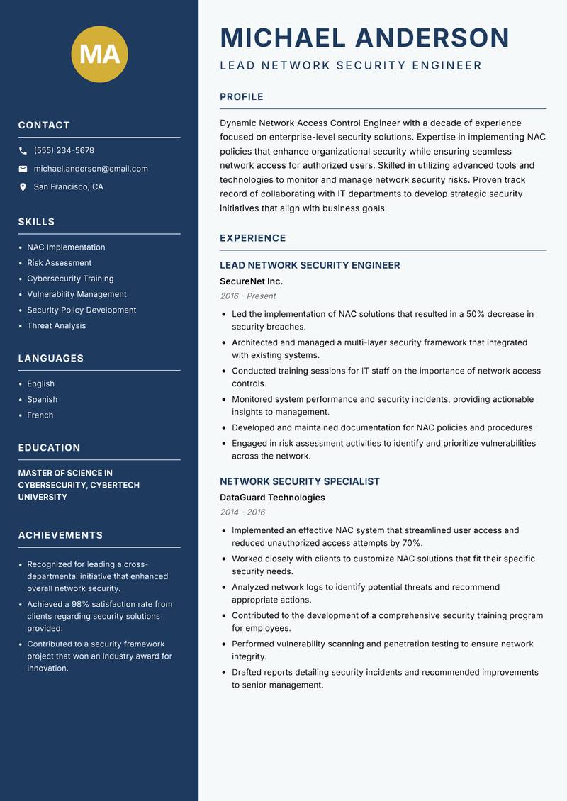 Network Access Control Engineer Resume Preview Example