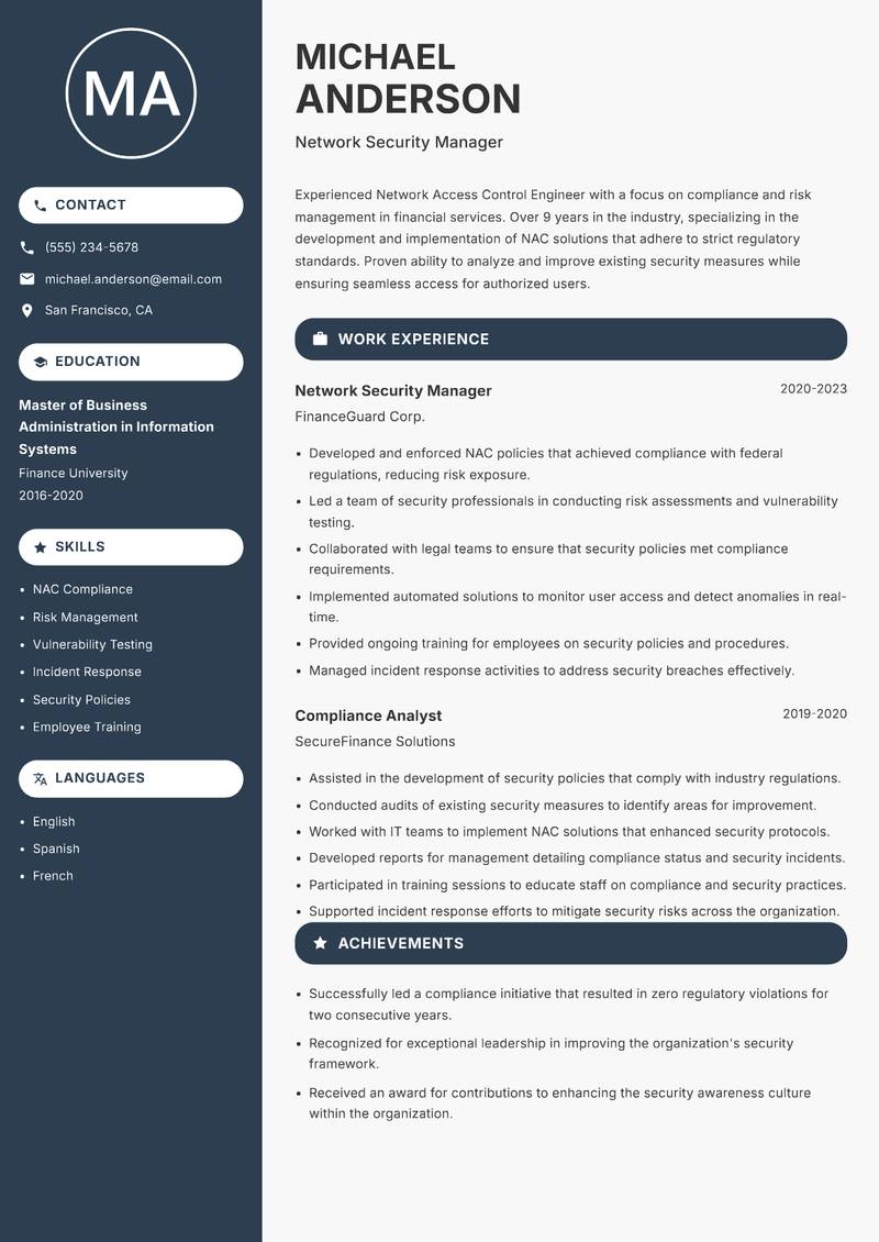 Network Access Control Engineer Resume Preview Example