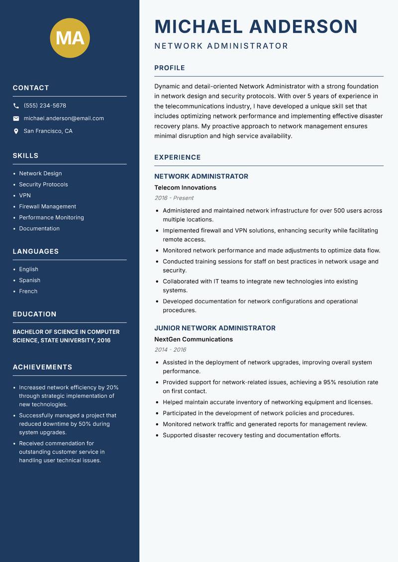 Network Administrator Resume Preview Example