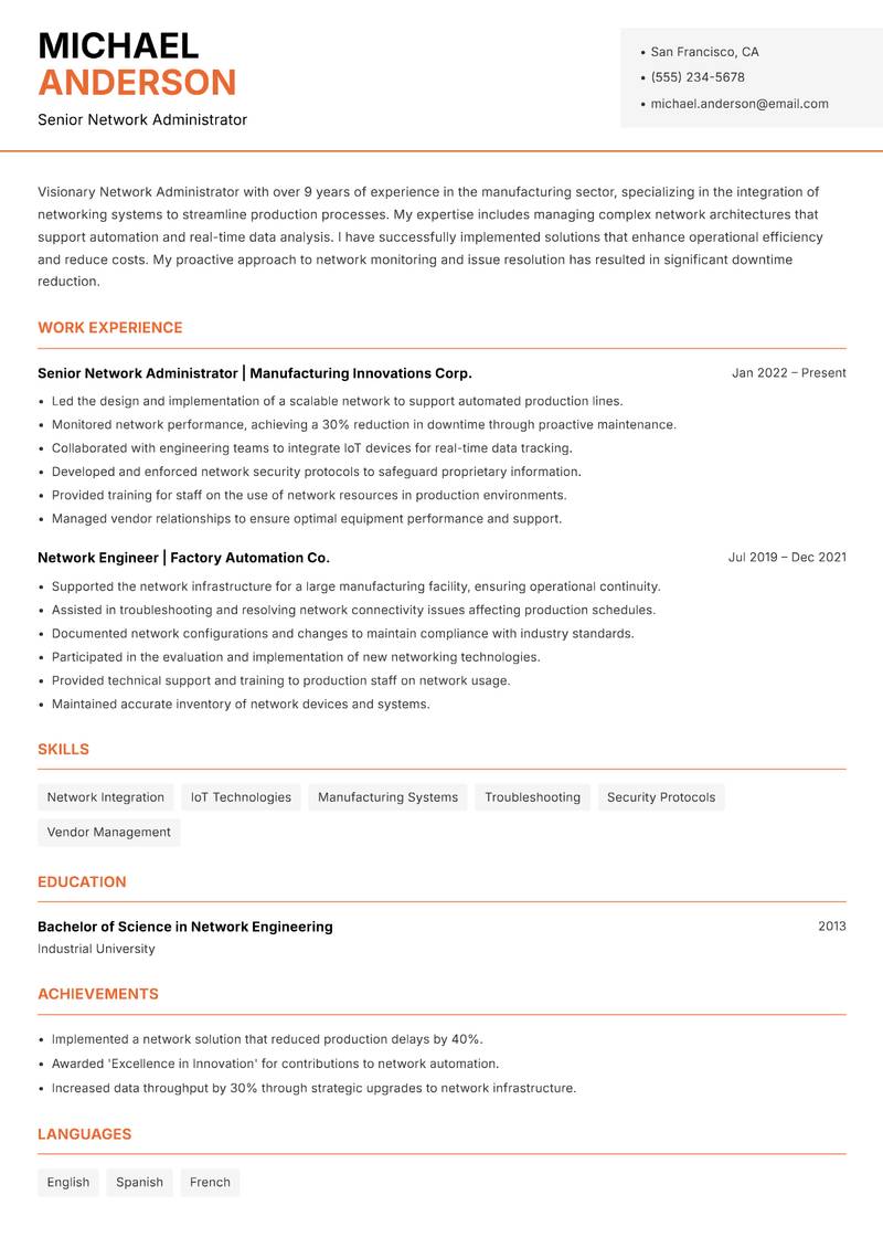 Network Administrator Resume Template