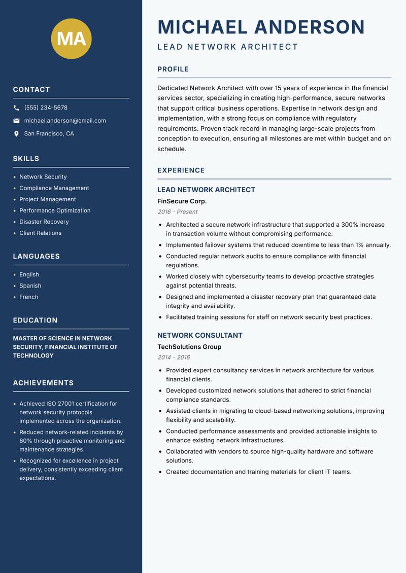Network Architect Resume Preview Example