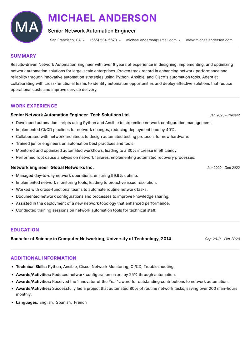 Network Automation Engineer Resume Preview Example