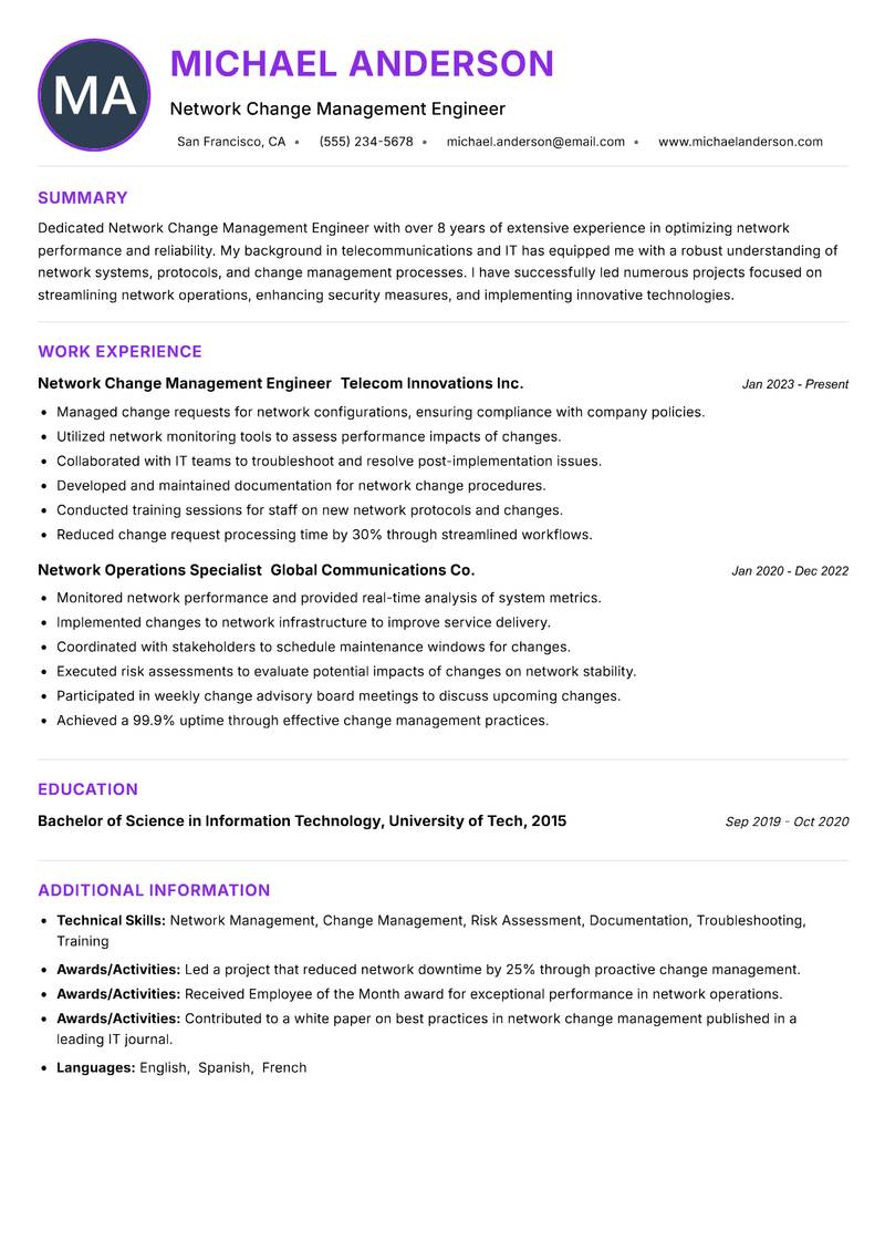 Network Change Management Engineer Resume Preview Example