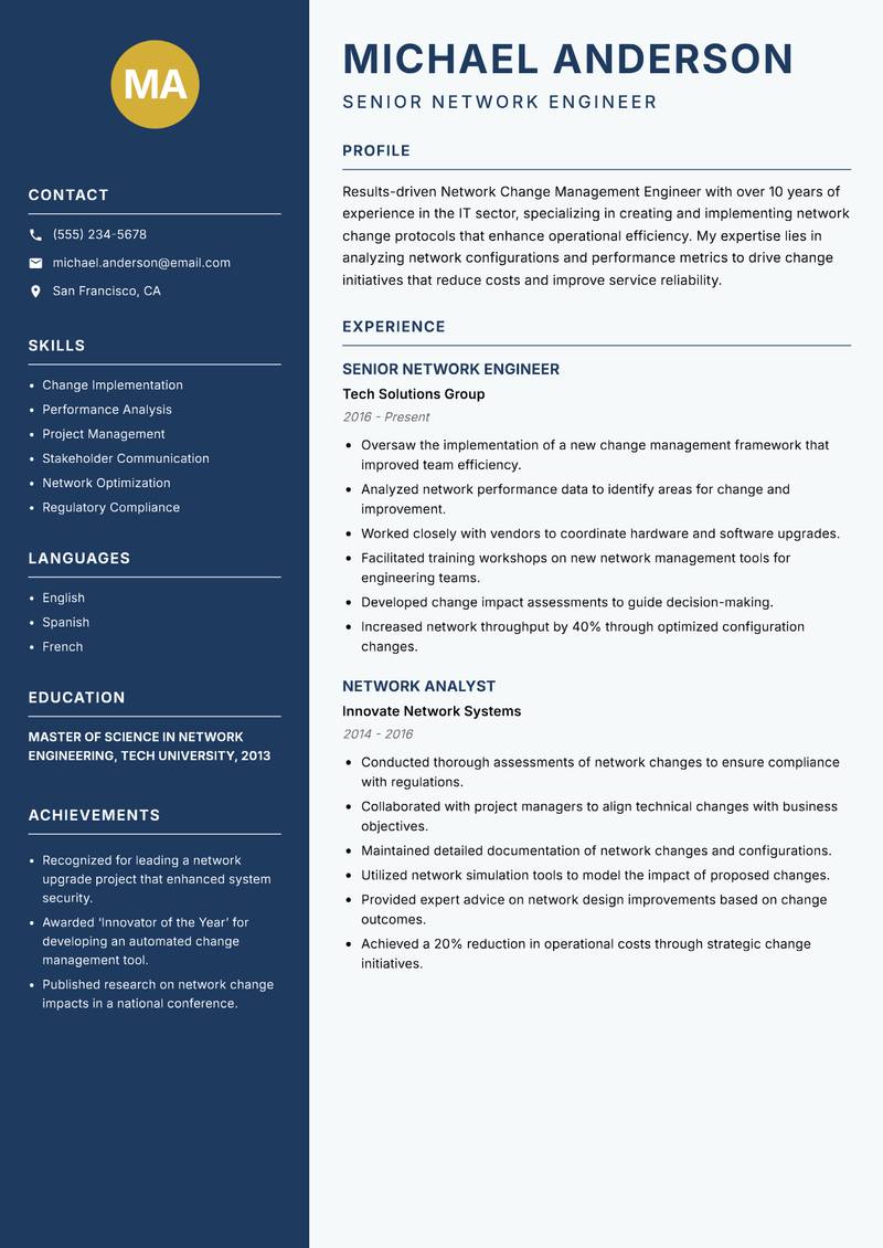 Network Change Management Engineer Resume Preview Example
