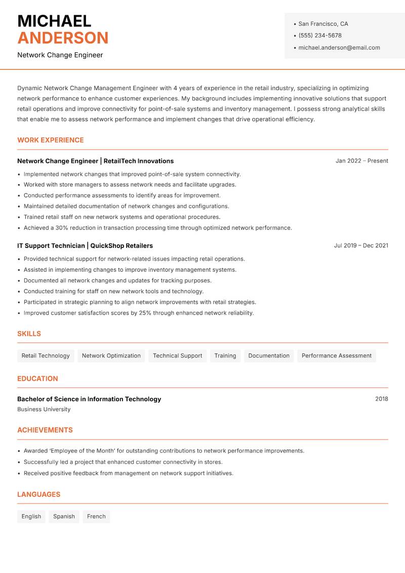 Network Change Management Engineer Resume Template
